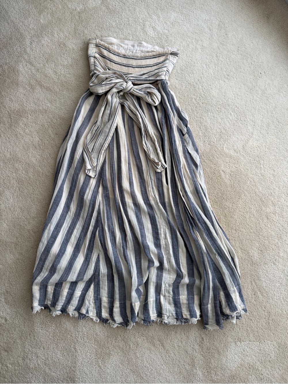 Free People Blue and White Striped Strapless Tie-Waist Maxi Dress